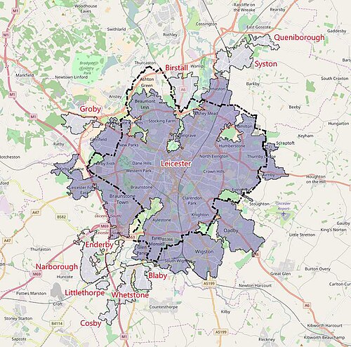 Mapa del Área Urbana de Leicester según el Censo de 2011